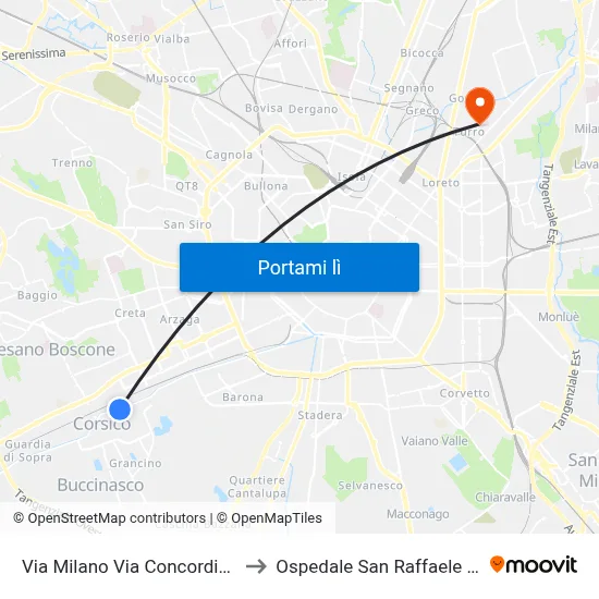 Via Milano Via Concordia (Corsico) to Ospedale San Raffaele Sez. Turro map