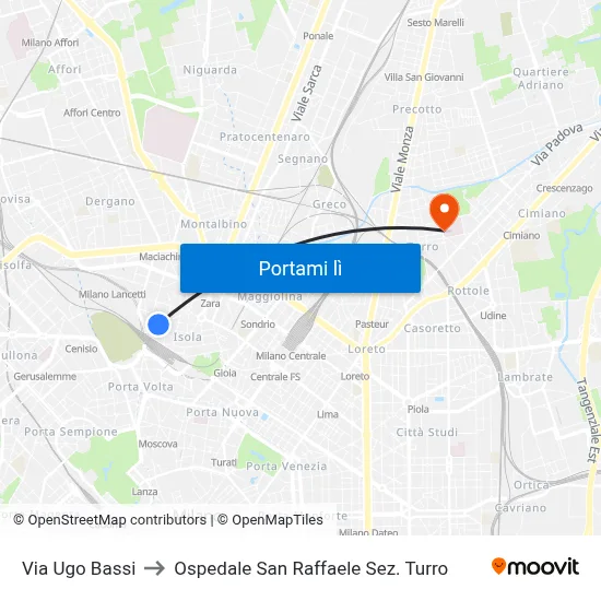 Via Ugo Bassi to Ospedale San Raffaele Sez. Turro map