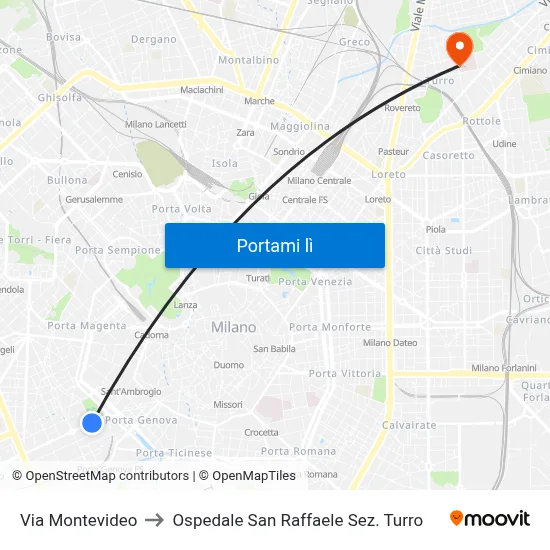 Via Montevideo to Ospedale San Raffaele Sez. Turro map