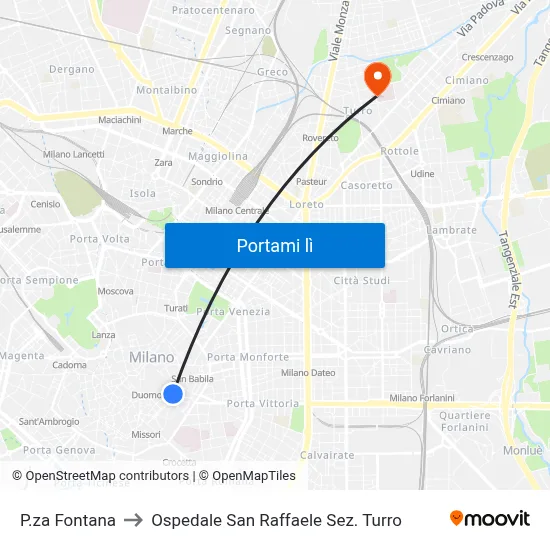 P.za Fontana to Ospedale San Raffaele Sez. Turro map