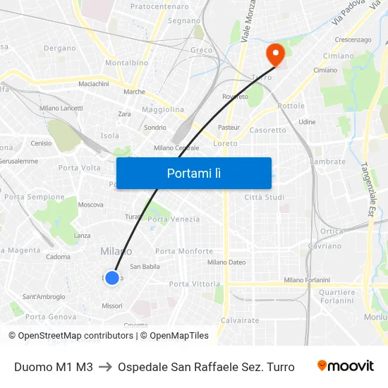 Duomo M1 M3 to Ospedale San Raffaele Sez. Turro map