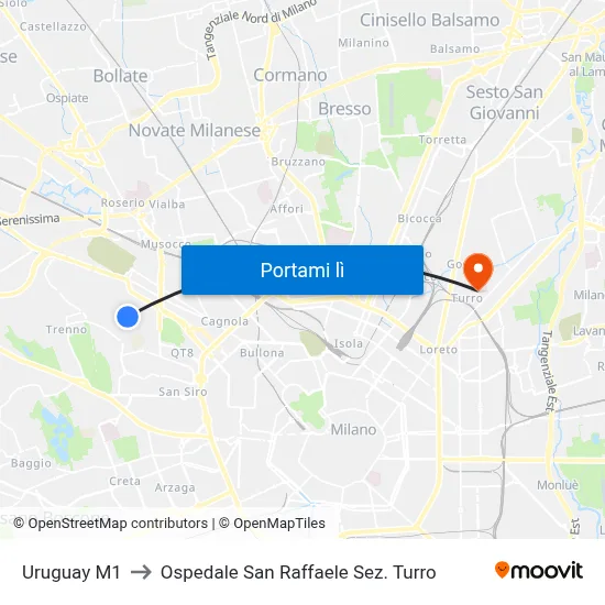Uruguay M1 to Ospedale San Raffaele Sez. Turro map