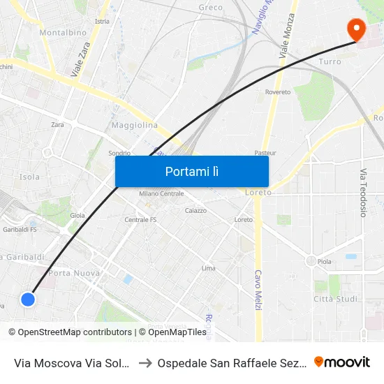 Via Moscova Via Solferino to Ospedale San Raffaele Sez. Turro map