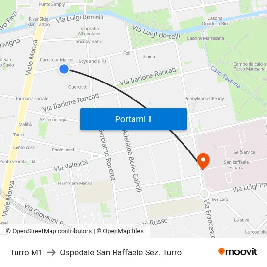 Turro M1 to Ospedale San Raffaele Sez. Turro map