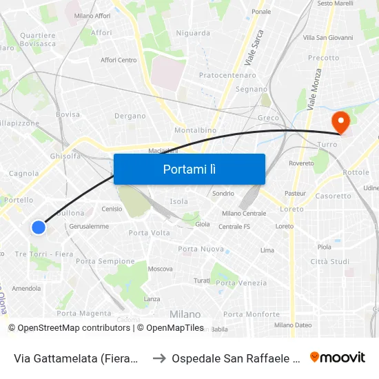 Via Gattamelata (Fieramilanocity) to Ospedale San Raffaele Sez. Turro map