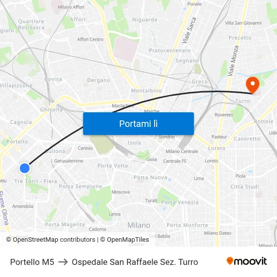 Portello M5 to Ospedale San Raffaele Sez. Turro map