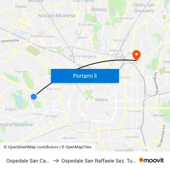 Ospedale San Carlo to Ospedale San Raffaele Sez. Turro map