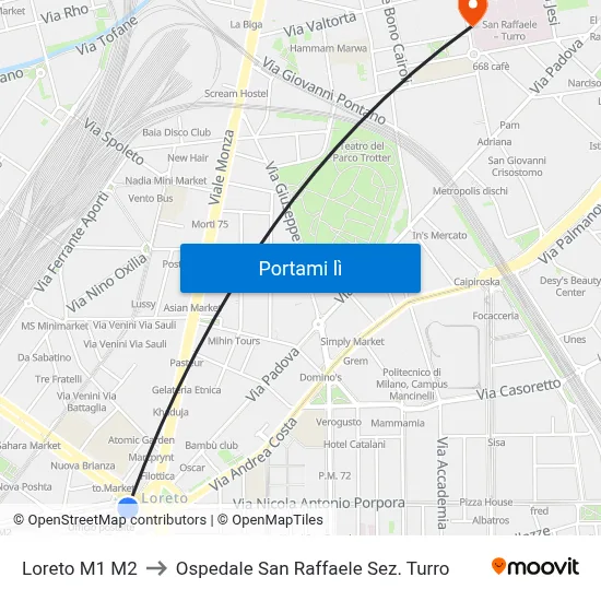 Loreto M1 M2 to Ospedale San Raffaele Sez. Turro map