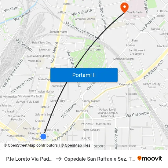 P.le Loreto Via Padova to Ospedale San Raffaele Sez. Turro map