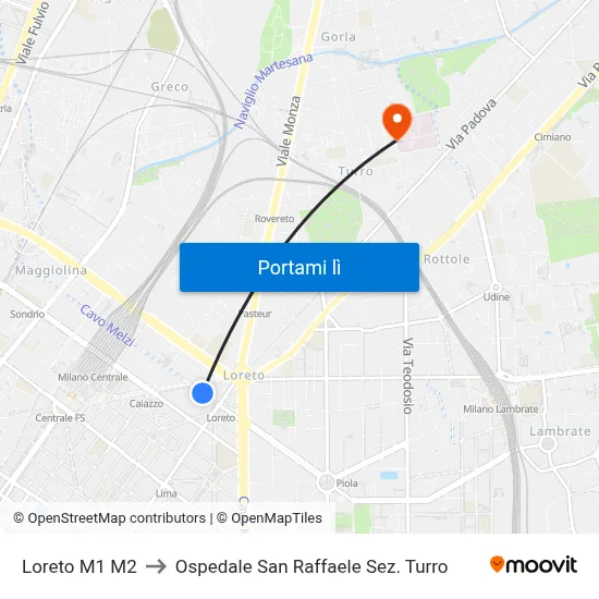 Loreto M1 M2 to Ospedale San Raffaele Sez. Turro map