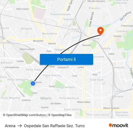 Arena to Ospedale San Raffaele Sez. Turro map