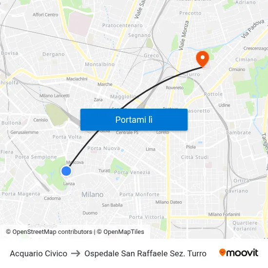 Acquario Civico to Ospedale San Raffaele Sez. Turro map