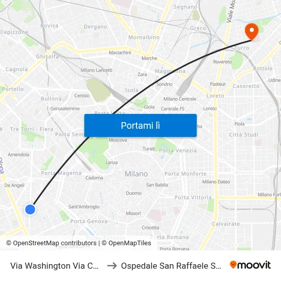 Via Washington Via Costanza to Ospedale San Raffaele Sez. Turro map