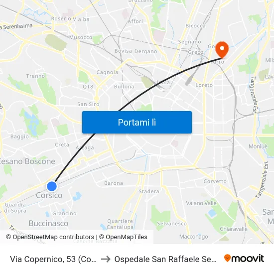 Via Copernico, 53 (Corsico) to Ospedale San Raffaele Sez. Turro map