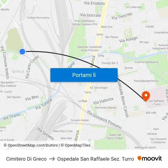 Cimitero Di Greco to Ospedale San Raffaele Sez. Turro map