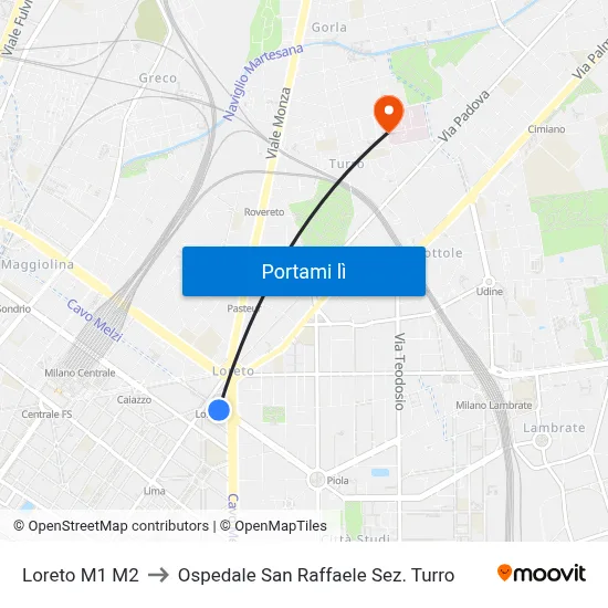 Loreto M1 M2 to Ospedale San Raffaele Sez. Turro map
