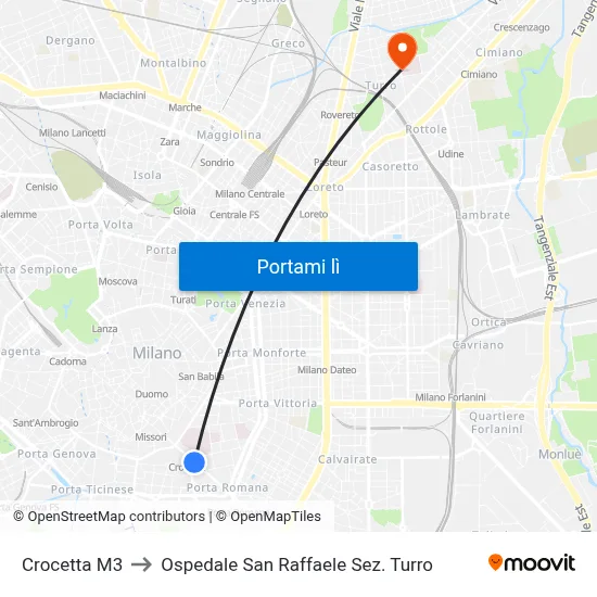 Crocetta M3 to Ospedale San Raffaele Sez. Turro map