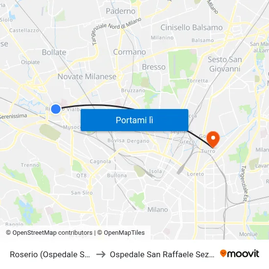 Roserio (Ospedale Sacco) to Ospedale San Raffaele Sez. Turro map