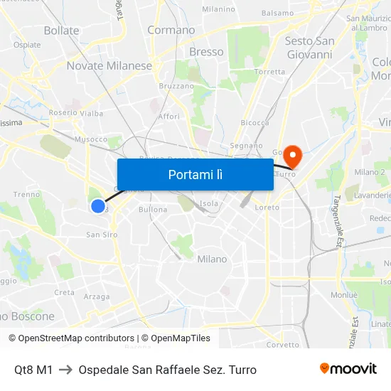 Qt8 M1 to Ospedale San Raffaele Sez. Turro map