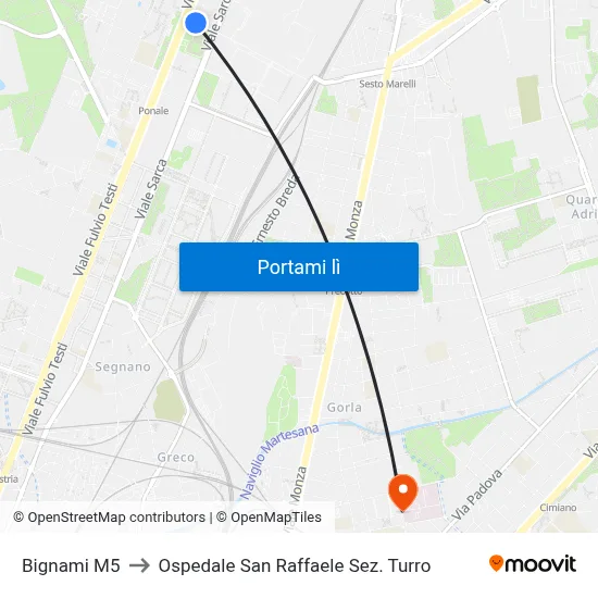 Bignami M5 to Ospedale San Raffaele Sez. Turro map