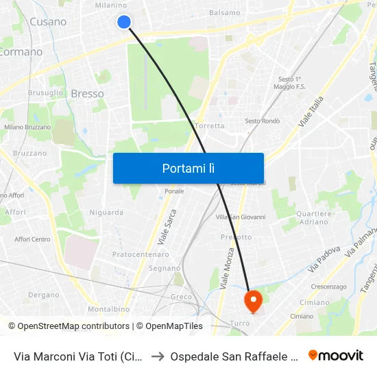 Via Marconi Via Toti (Cinisello B.) to Ospedale San Raffaele Sez. Turro map