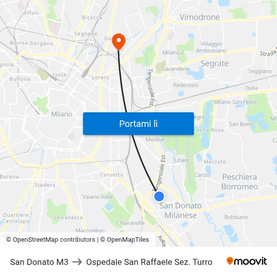 San Donato M3 to Ospedale San Raffaele Sez. Turro map