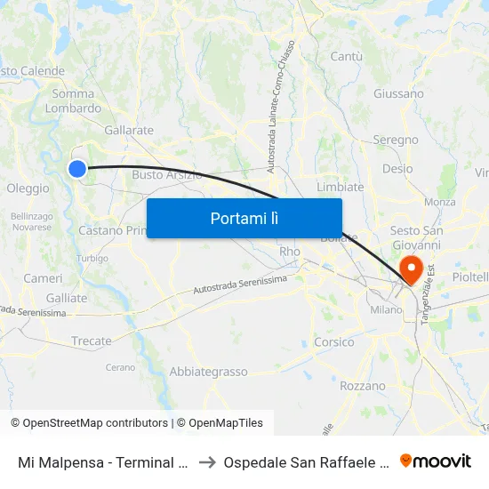 Mi Malpensa - Terminal 1 Porta 13 to Ospedale San Raffaele Sez. Turro map