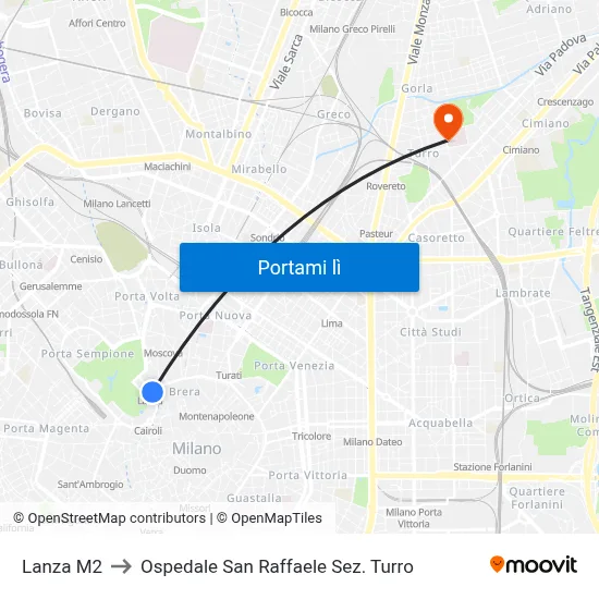 Lanza M2 to Ospedale San Raffaele Sez. Turro map