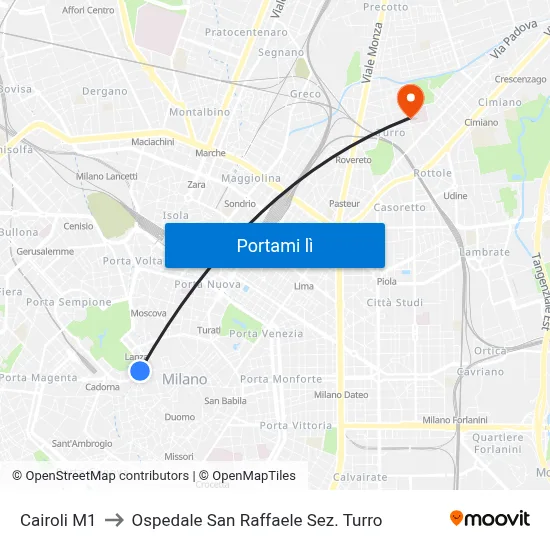 Cairoli M1 to Ospedale San Raffaele Sez. Turro map