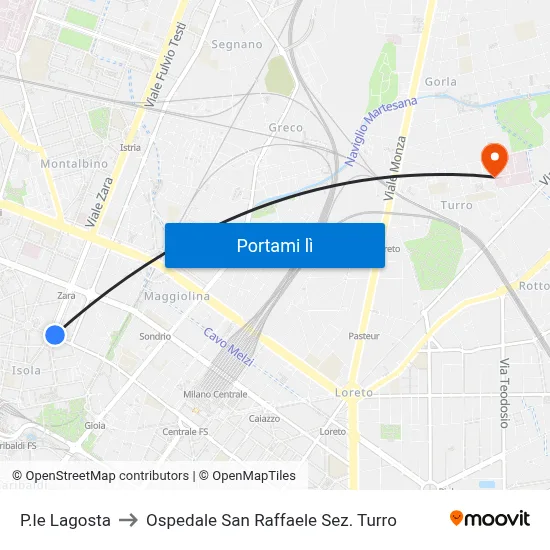 P.le Lagosta to Ospedale San Raffaele Sez. Turro map