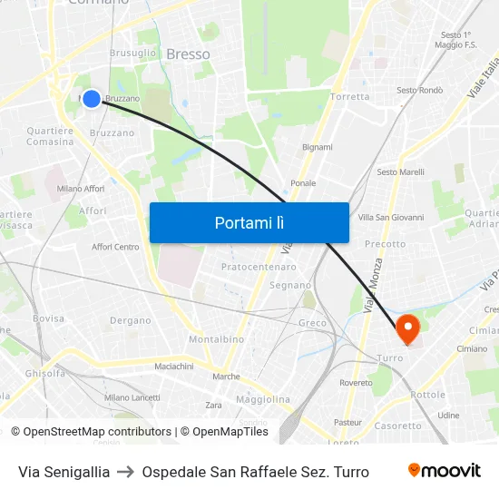 Via Senigallia to Ospedale San Raffaele Sez. Turro map