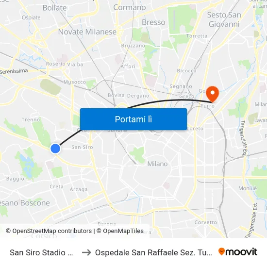 San Siro Stadio M5 to Ospedale San Raffaele Sez. Turro map