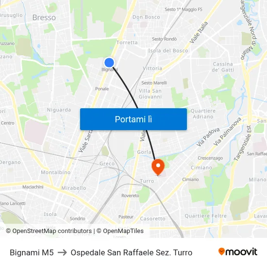 Bignami M5 to Ospedale San Raffaele Sez. Turro map