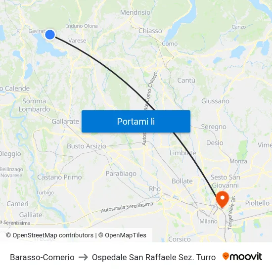 Barasso-Comerio to Ospedale San Raffaele Sez. Turro map