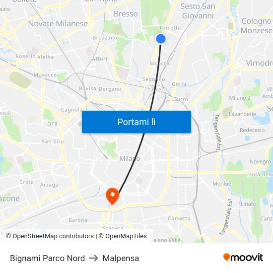 Bignami Parco Nord to Malpensa map