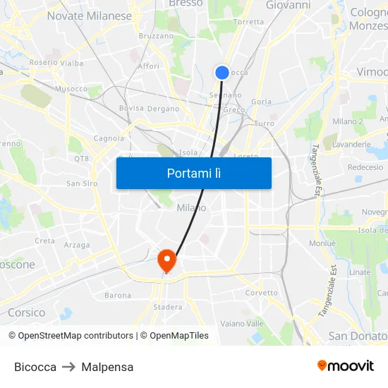 Bicocca to Malpensa map