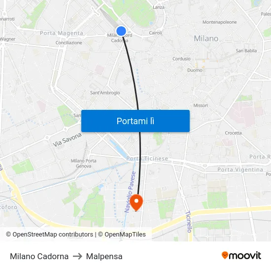 Milano Cadorna to Malpensa map