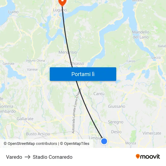 Varedo to Stadio Cornaredo map