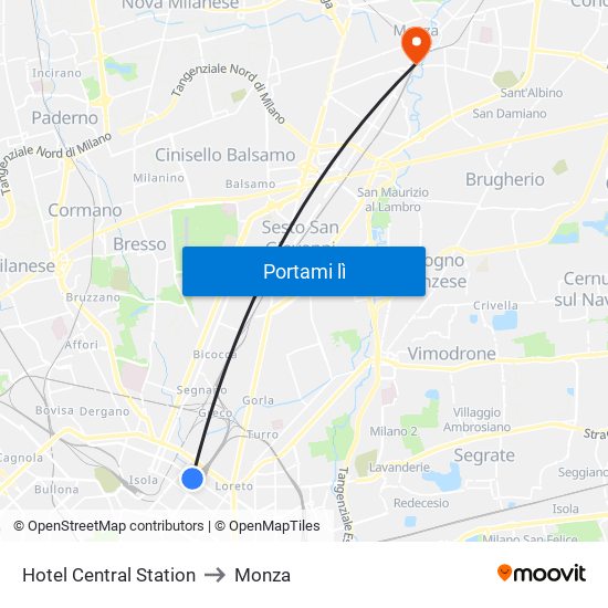 Hotel Central Station to Monza map