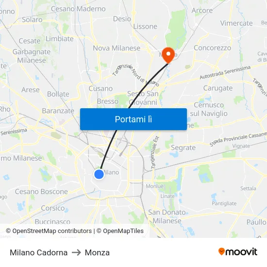 Milano Cadorna to Monza map