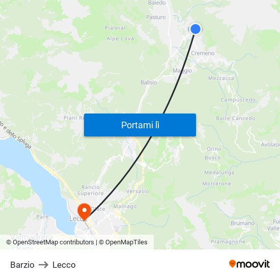 Barzio to Lecco map