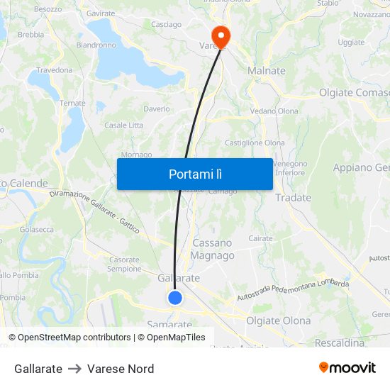 Gallarate to Varese Nord map