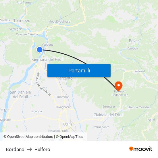 Bordano to Pulfero map