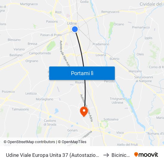 Udine Viale Europa Unita 37 (Autostazione) to Bicinicco map