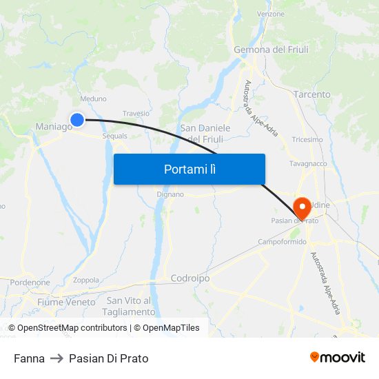 Fanna to Pasian Di Prato map