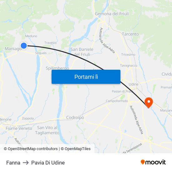 Fanna to Pavia Di Udine map