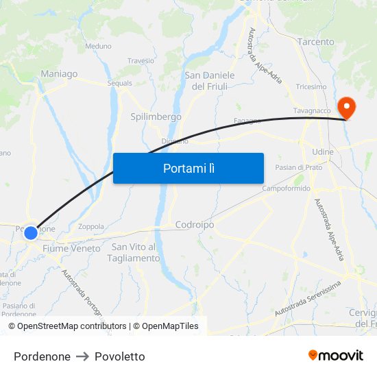 Pordenone to Povoletto map