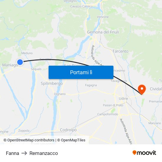 Fanna to Remanzacco map