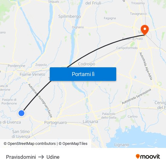 Pravisdomini to Udine map