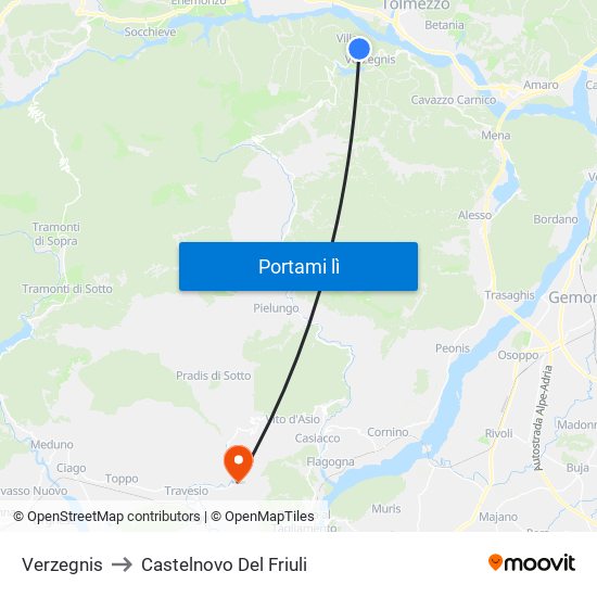 Verzegnis to Castelnovo Del Friuli map